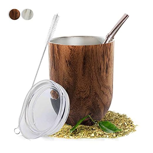 Yerba Mate Natural Gourd/Tea Cup Set Brown (Traditional Mate Cup - 12 Ounces) I Includes Bombilla (Yerba Mate Straw), Lid & Cleaning Brush I Stainless Steel Double-Walled I Easy to Clean