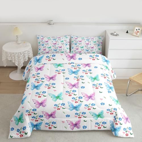 Image of Erosebridal Colorful Butterflies Full Size Comforter Sets for Kids Boys Girls,Blue Daisy Flower Bedding Set,Cottagecore Farmhouse Duvet Insert,Flying Butterfly Quilt Bedroom Decor