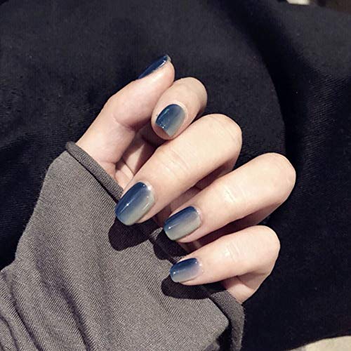 Poliphili 24Pcs Glossy Colorful Gradient False Nails Press On Short Square Full Coverage Acrylic Fake Nails Tips (Blue)