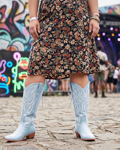 Image of Uillnoodu Wide Calf Cowboy Boots Women Adjustable Lace Up Knee High Tall Plus Size Cowgirl Boots Western Style Comfortable 2-Inch Heel