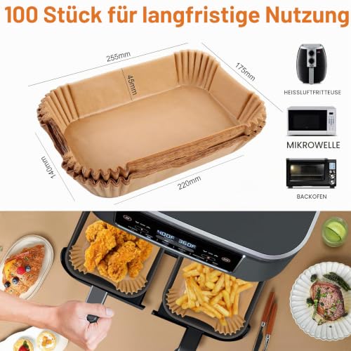 AiQInu Backpapier für Heißluftfritteuse mit Doppelkammer, 100 Stück 22x14cm Rechteckig Airfryer Backpapier Antihaft-Einweg Wasserdicht… – Ansicht 2