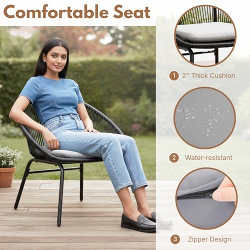 Image of DEVOKO 3-Piece Outdoor Rope All-Weather Water-Resistant Cushion with Glass Top Table Metal Frame Perfect for Garden, Balcony, Terrace, Patio(Black & Grey)