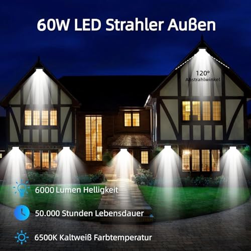 Wegoodlife 60W LED Strahler Außen, Superhell 6000LM LED Fluter, 6500K Kaltweiß Scheinwerfer, IP66 Wasserdicht Außenstrahler, Außenleuchte mit 50cm Kabel, Wandleuchte für Garten, Garage, Innenhöfe