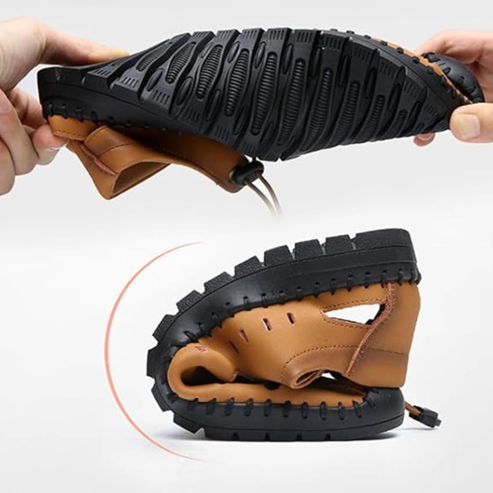 Sandales élégantes à bout fermé pour homme en cuir respirant ajouré style pêcheur été décontracté réglable élastique dentelle antidérapante pour l'extérieur, la randonnée, la plage, la marche
