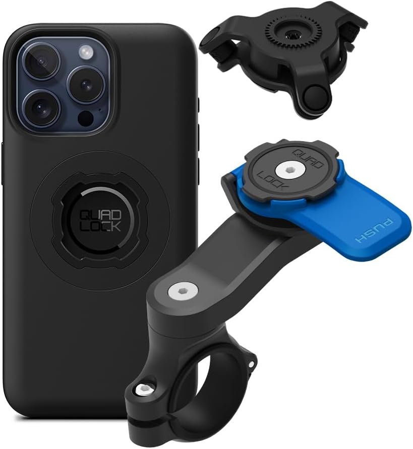 Quad Lock Motorcycle Handlebar Phone Mount Kit with Vibration Dampener and iPhone 15 Pro Max MAG Case
