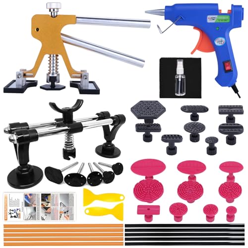 Car Dent Puller - Dent Repair Kit, Dent Removal Kit with Golden Lifter, Double Pole Bridge Dent Puller for Auto Dent Removal, Door Dings and Car Hail Damage (with Glue Set) 40PCS