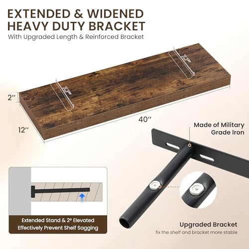 Image of Dreamland 40 inch Floating Shelves for Wall, 12 inch Deep Thicker Floating Shelves, Wall-Mounted Shelves for Bedroom, Living Room, Kitchen, Bathroom,Rustic Brown - Set of 2