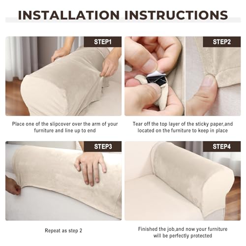 Image of Couch Arm Covers 2 Pcs Sofa Armrest Covers Stretch Couch,Armrest Cover for Chairs Scratch-Resistant Sofa Arm Cover Armchair Slipcovers,Ivory