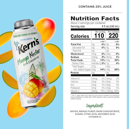 Image of Kern's Mango Nectar Lata Botella - Made with Fresh Fruit Puree - Mango Juice Concentrate for Tropical Fruit Smoothie Mix, Cocktail Mixers & Kids Beverages - 15.5oz, 12 Pack Resealable Juice Bottles