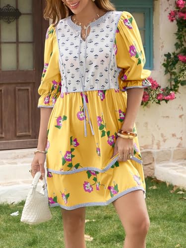 Image of Wenrine Womens Casual Floral Mini Dress Summer Patchwork Boho Shirt Dresses