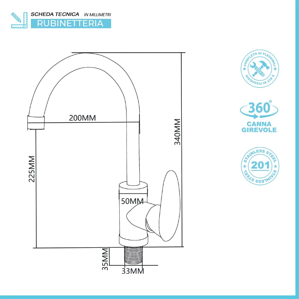Set Pilozzo Sospeso 50x34 Cm Bianco - Vasca Lavatoio In Resina Resistente Agli Acidi Con Porta Sapone - INCLUDE Miscelatore Canna Alta Cromo In Acciaio INOX E Kit Scarico
