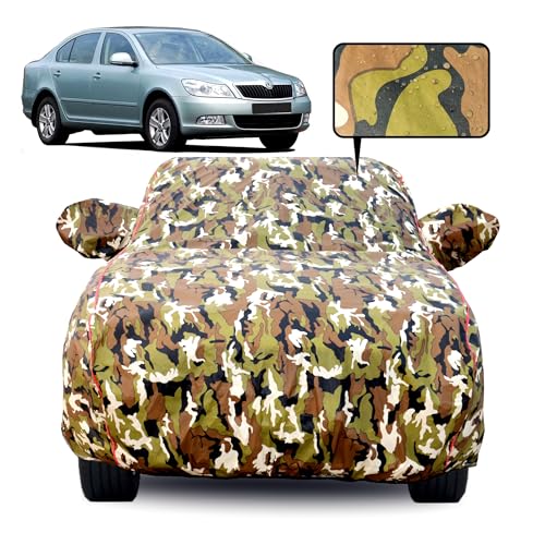 Image of Waterproof Car Body Cover for Skoda Laura with Mirror Pocket, Soft Cotton Lining, Triple Stitched, Full Bottom Elastic (Heat Resistant Jungle Print with Red Piping)
