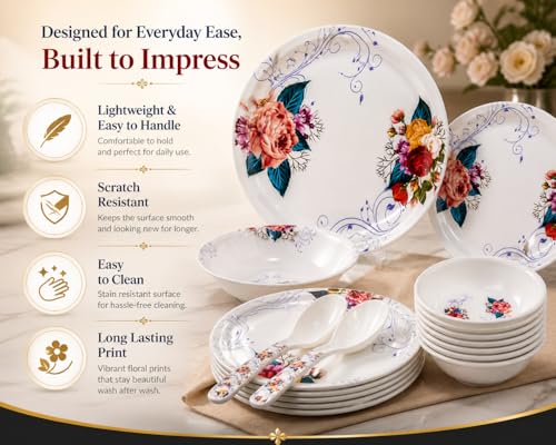 Image of Arova 32 Pieces Melamine Dinner Set for 6 Persons | Unbreakable & Lightweight Crockery Set | Floral Design Plates & Bowls Set | Serving Bowls, Spoons & Lids | Dishwasher Safe Dinnerware Set