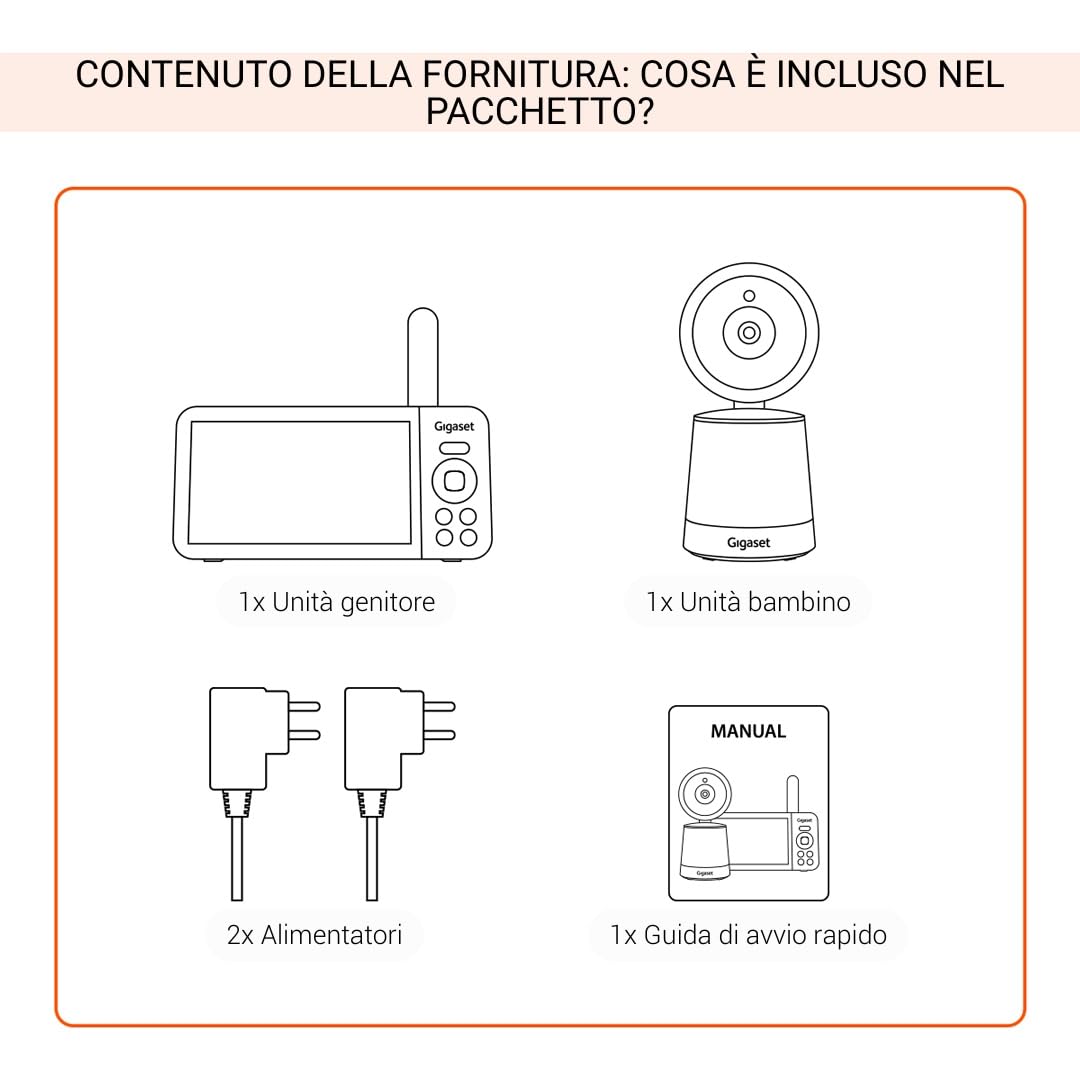 Gigaset BABY 500 Video – Videocamera con trasmissione video HD –Tecnologia FHSS sicura–Schermo LCD IPS da 5"-lunga durata della batteria-modalità visione notturna,Cream White/Bronze[Versione Italiana]