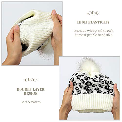 Blufly Winter Hats Cable Knitted Beanie Hat Crochet Leopard Beanie Hat Faux Fur Pom Pom Hat Cap Ski Hat Headwear For Women And Girls (White) #TOP2