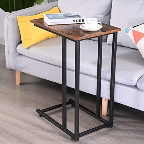 H JINHUI C-Shaped End Table, Sofa Side Table, Mobile Snack Table for Coffee Laptop Tablet,Industrial Style with Metal Frame,Storage Shelf for Living room, Bedroom,Office (Brown and Black)