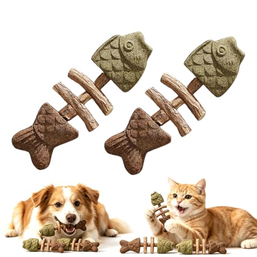 GosBio Sterling Whiskers Catnip & Silvervine Chew Fish Natural Catnip and Silvervine Chew for Cats Fish Bone Shaped Chewing Sticks for Dental Care Indoor Cats Daily Gnawing Toy (2 Pcs)