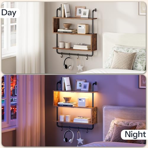 Image of HOOBRO Floating Shelves with LED Lights, 29.5 inch LED Wall Mounted Gaming Shelf, 3-Tier Pipe Display Rack with Hanging Rod and 4 S-Hooks, for Storage Livingroom, Bedroom, Rustic Brown and Black BF21DBJ01