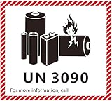 Electromaniacs Etiquetas adhesivas de advertencia para transporte de baterías de iones de litio de 4.7 pulgadas x 4.3 pulgadas (UN3090)