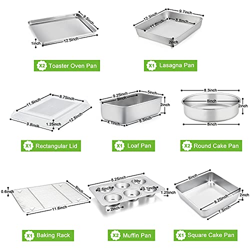 Bakeware Sets Of 11, P&P Chef Stainless Steel Baking Pans Set, Includes Baking Sheets And Rack, Lasagna Pan With Lid, Round/Square Cake Pan, Muffin Pans, Loaf Pan, Reusable & Durable #TOP1