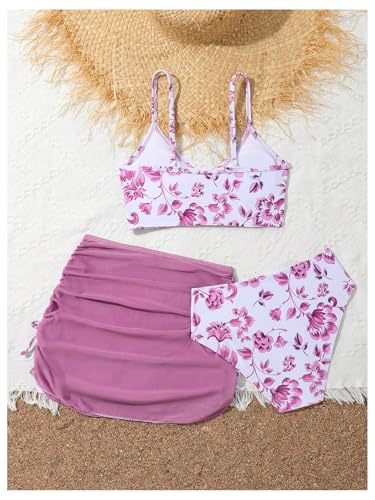 Image of COZYEASE Girls' 3 Piece Set Floral Print Bikini Swimsuit with Drawstring Beach Skirt Cute Ruched Bathing Suit