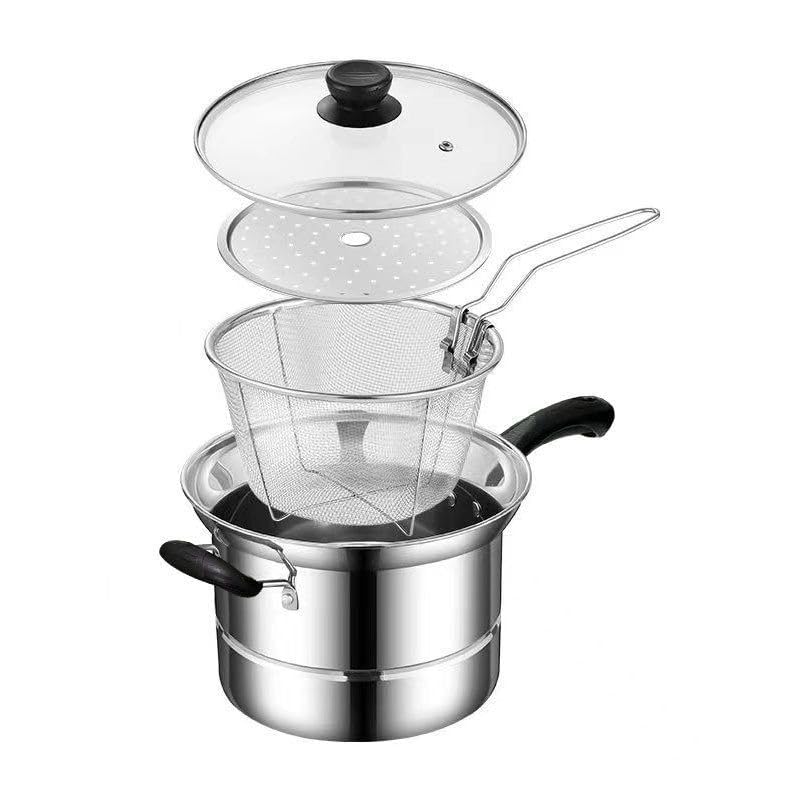 MotiBa Stainless Steel Deep Frying Pot with Basket and Long Handle - Small Oil Fryer for French Fries, Fish, Large Chicken Wings, Sauces, Gravies, and Pasta - Silver (Frying Pot, 2 Liter)