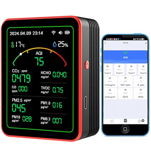 CO2 Monitor,15 in 1 Indoor Air Quality Meters Portable Carbon Dioxide Detector, LCD Backlight Screen CO2 TVOC HCHO PM2.5 PM10 Tester with Alarm Clock for Home and Office with App Control