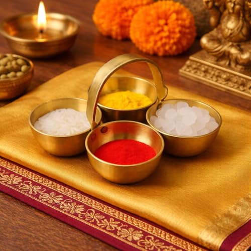 Pure Brass Chowmukh Puja Bowl Stand | 4-Section Chopala for Haldi...