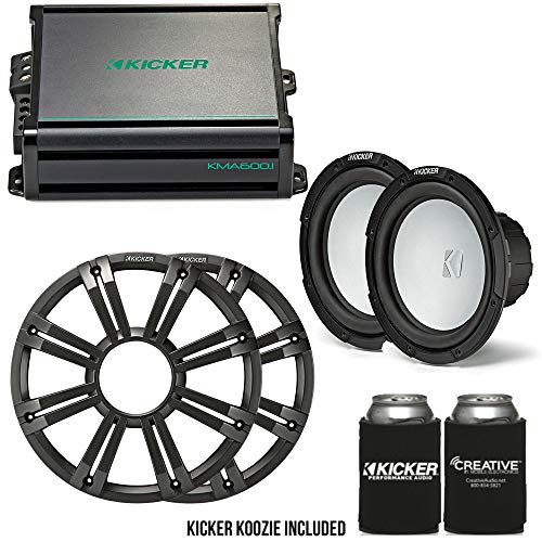 Image of KICKER - Two 10 Inch LED Marine Subwoofers in Charcoal, 1 Pair with 600 Watt Amplifier Bundle