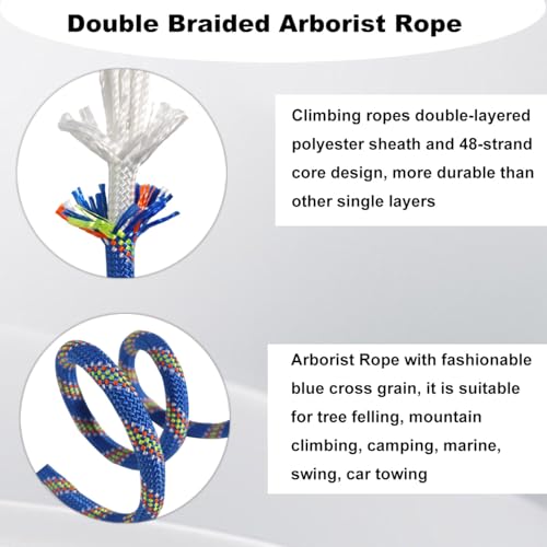 Derzinet Double Braided Arborist Rope -1/2 Inch X 100 Feet Polyester Rope- High Strength Climbing Rope For Adults & Kids Tree Work thumb #2