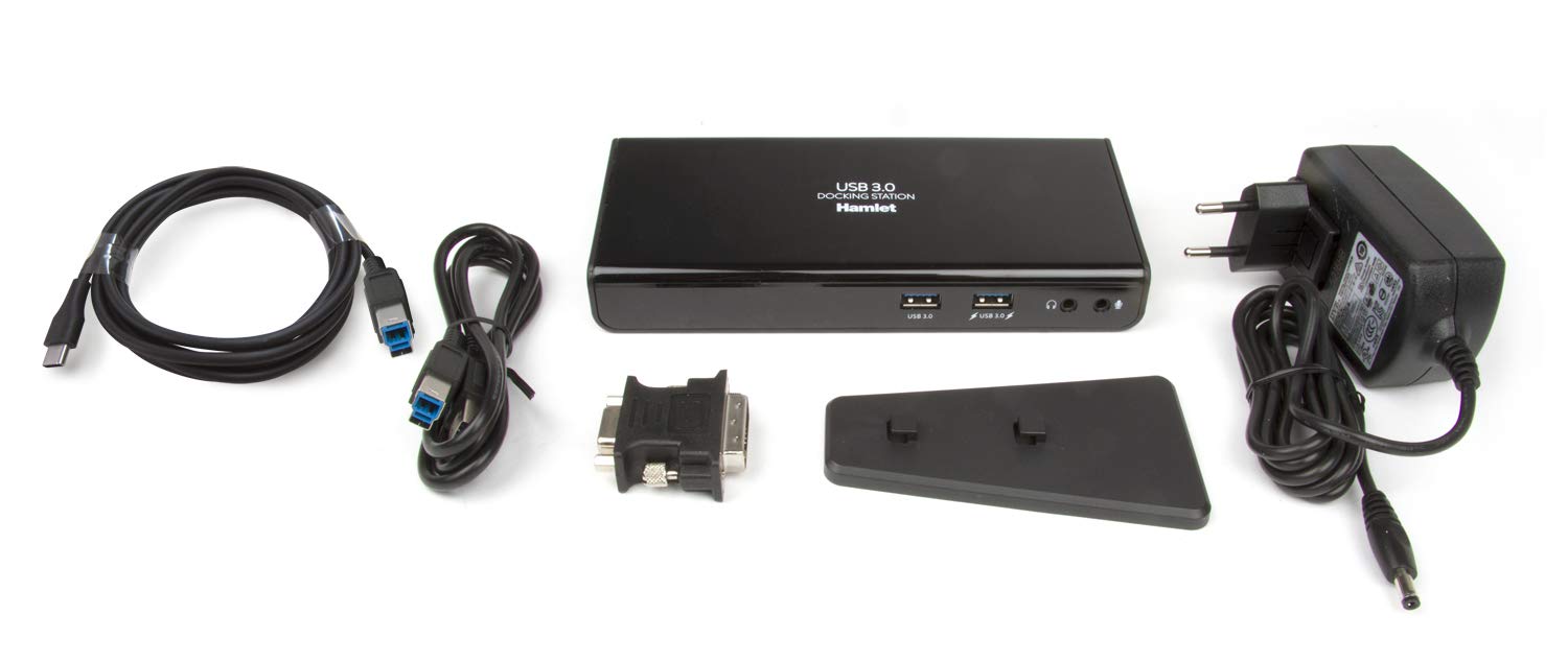 Hamlet HDOCKS300TC - Docking Station con Porte di Espansione per Notebook con Doppia Interfaccia USB 3.0 TYPE-C e Type-A, Dotato di Porte Video HDMI+DVI+ HUB 6P +LAN Gigabit + 2x Jack Audio 3.5mm