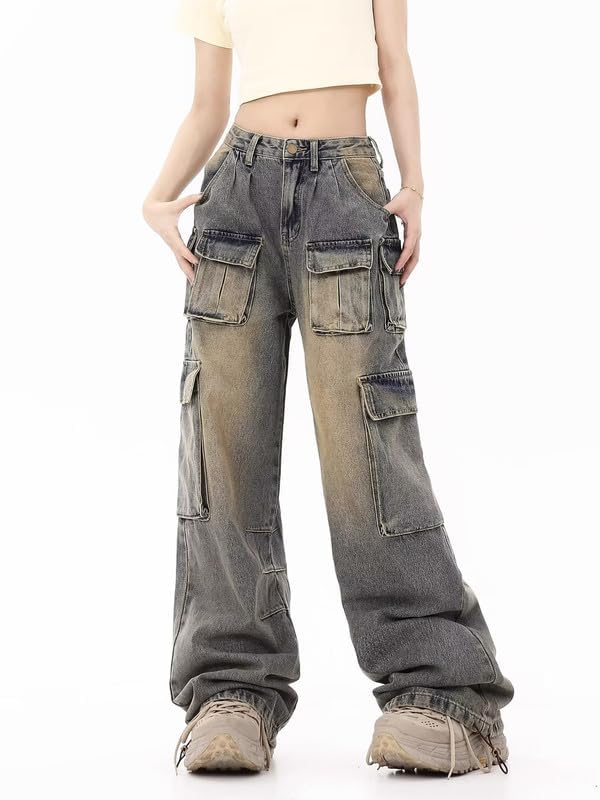 POHADON Cargo Jeans for Women Straight Wide Leg Baggy Denim Pants Flap Pocket Relaxed Fit Streetwear Y2K Grunge Clothes2