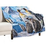 Manta de Felpa para Invierno,Transpirable Manta Mullida Pingüinos Fauna Silvestre Animal Polo Sur Flotante Hielo Nieve Cálida y Aómoda Cama Mantas para Cama L