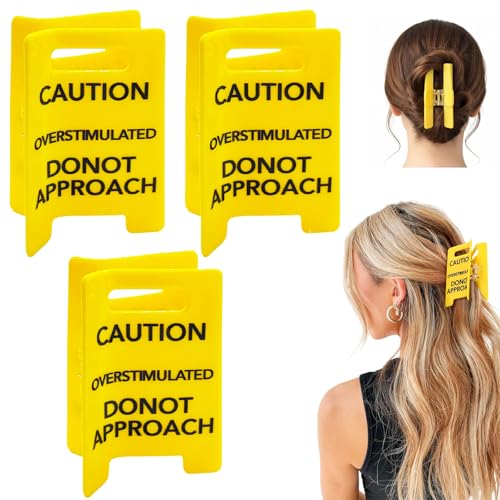 3 PCS Caution Overstimulated Hair Clip Yellow Caution Do Not Approach Hair Clip Funny Hairs Clips for Thick Hairs Gag Gifts for Coworkers & Women