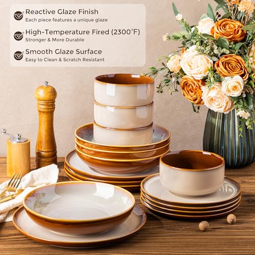 Image of LERATIO Ceramic Dinnerware Sets with Pasta Bowls for 4,Plates and Bowls Sets,Oven &Microwave & Dishwasher Safe,Light Weight & Scratch Resistant Dishes Sets-Service for 4 (16pcs)-Kahki