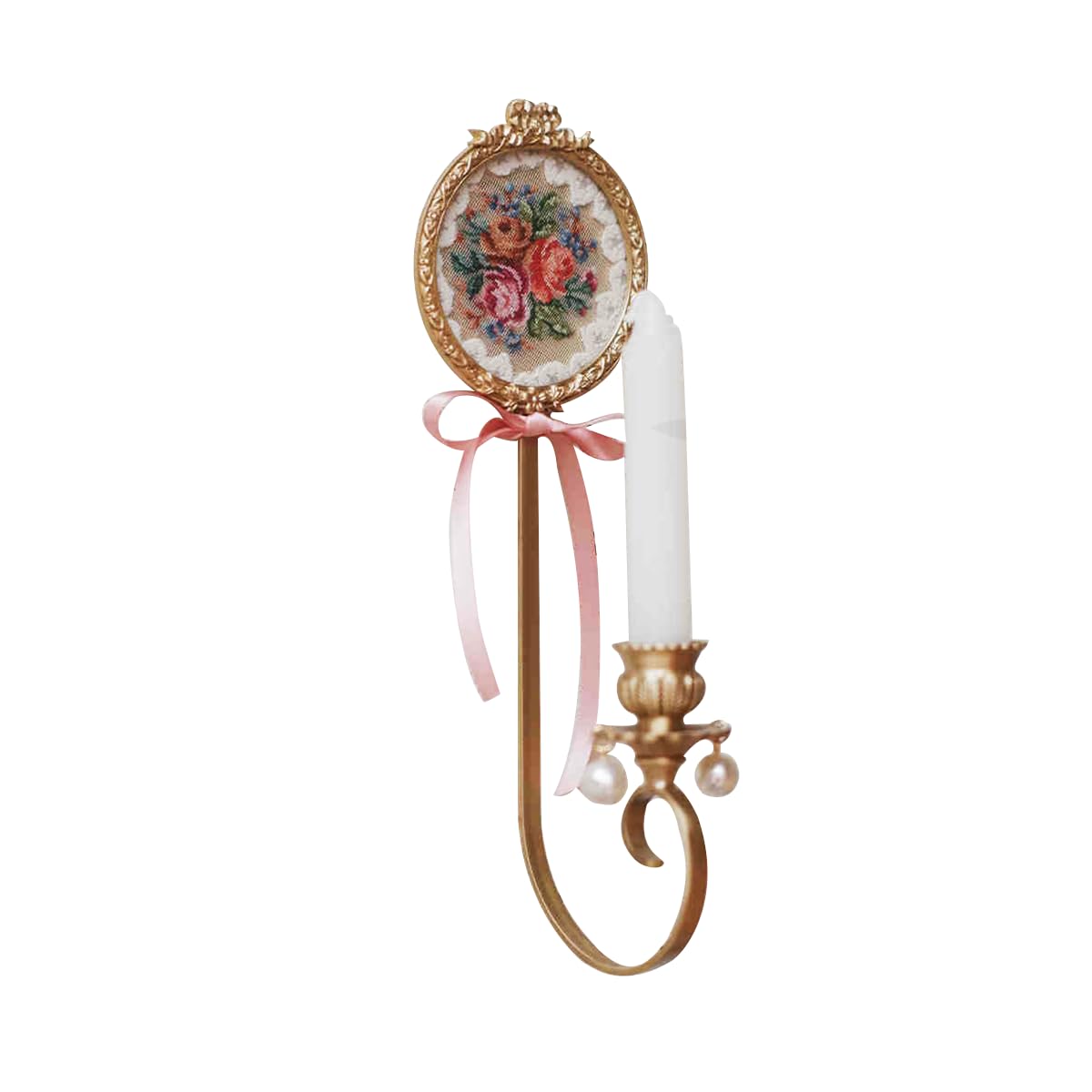 Candelabros dorados de latón para decoración de pared, candelabro de pared estilo Victoria con adorno de lazo, elegante portavelas decorativo de una sola pared (A)