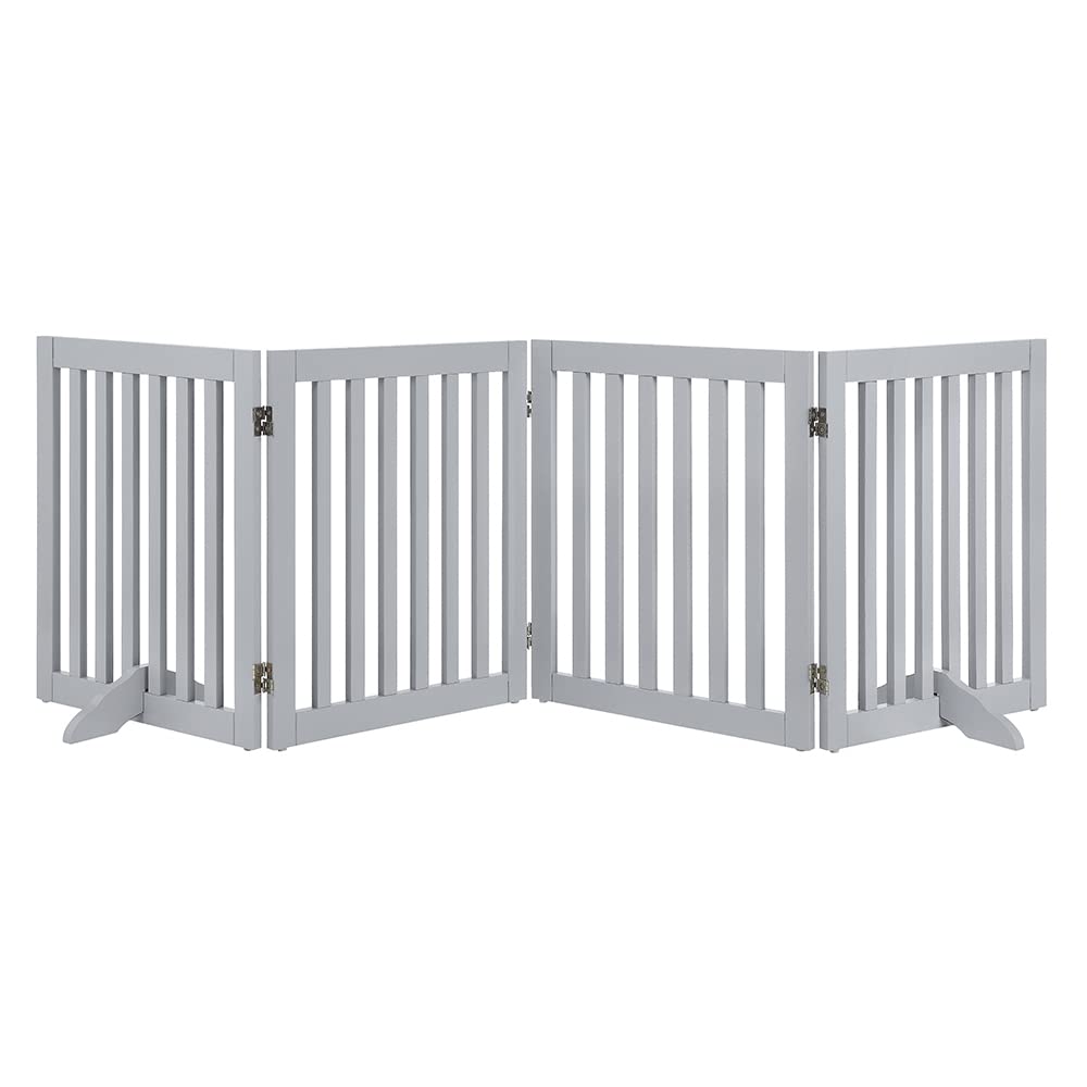 unipaws Freestanding Wooden Dog Gate, Foldable Pet Gate with 2Pcs Support Feet Dog Barrier Indoor Pet Gate Panels for Stairs, Gray, Indoor Use Only