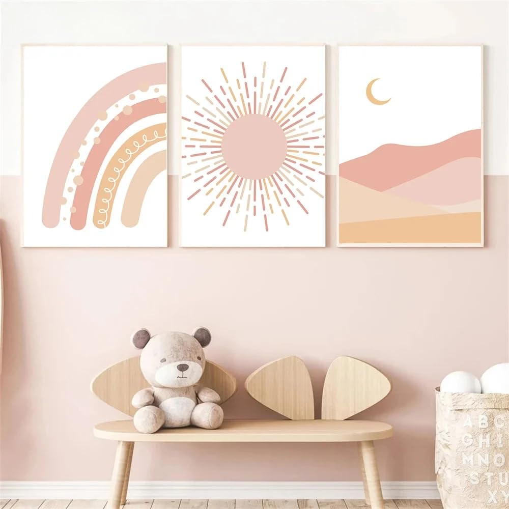 SOBMQ Poster-Pink Mountain Rainbow Sun and Moon Poster Print Art Picture Abstract Wall Canvas Painting For Living Room Bedroom Decoration-50 * 70cm-3PCS (No Frame)