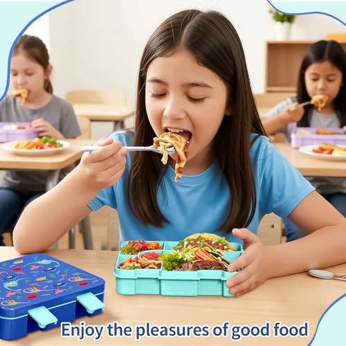 Image of Bento Lunch Box for Kids, Leak-Proof 5-Compartment Cute Lunchbox for Boys Girls, Drop-Proof, Food Container Microwave & Dishwasher Safe, Back to School Supplies for Ages 3 to 7, Blue /Dinosaur