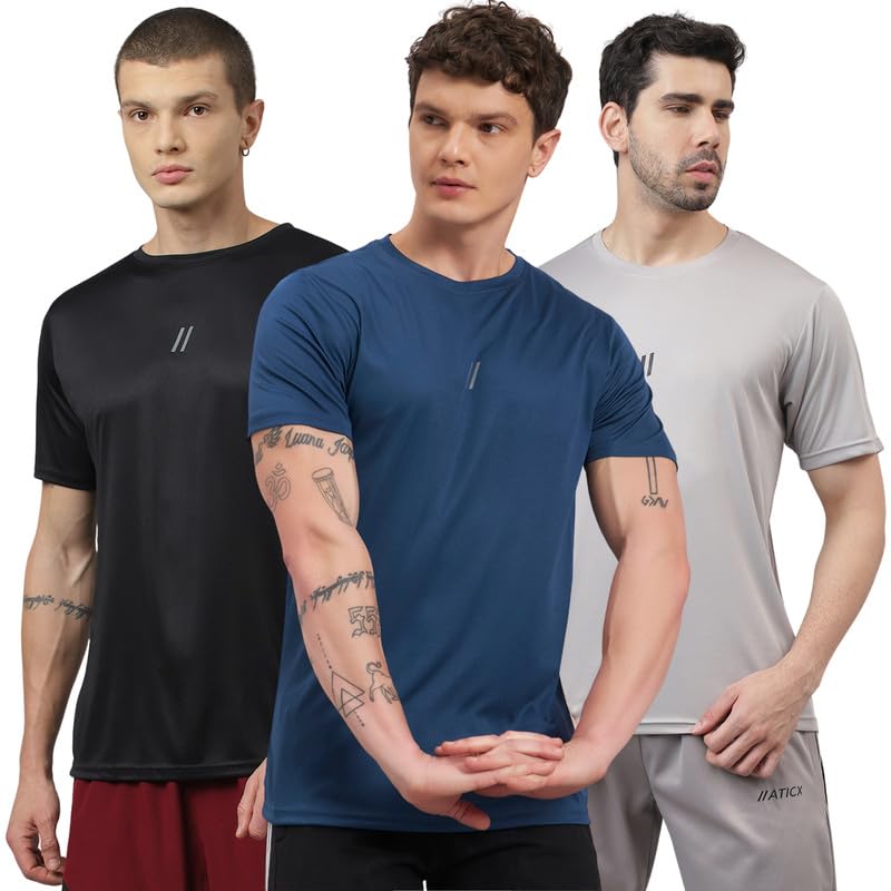 Image of ATICX Slim Fit Polyester Sports T-Shirt for Men - Round Neck Quick Dry Fit Half Sleeve Breathable Stylish Gym & Workout Tee - Lightweight Running Cycling Football Swimming Training Sportswear Top