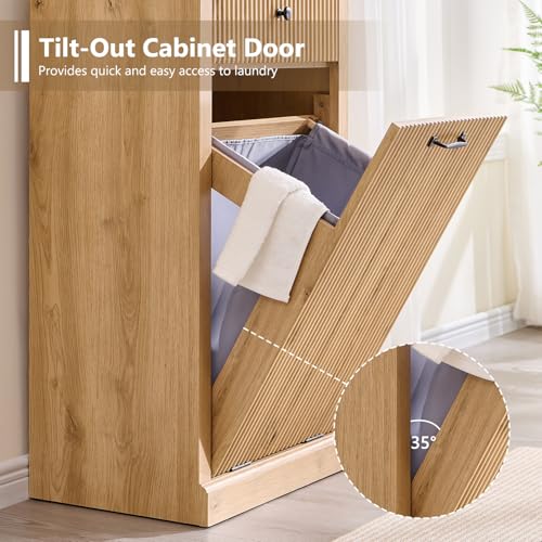 Image of IFBUY Tilt Out Laundry Hamper Cabinet, Modern Trash Can Cabinet,Natural Oak