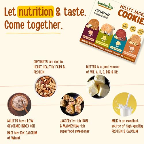 Image of Satvikveda Assorted Millet Jaggery Cookies 180g | Healthy Biscuit with Millets, Jaggery, Butter & Dryfruits| No Maida, Refined Sugar Free Biscuits | Homemade Nutritious Snacks for Kids