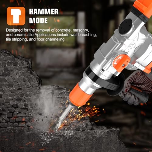 13 Amp SDS-Plus Rotary Hammer Drill, 1-1/4 Inch, Heavy Duty with Safety Clutch and Vibration Control for Tile and Concrete Removal, Includes Chisels and Bits