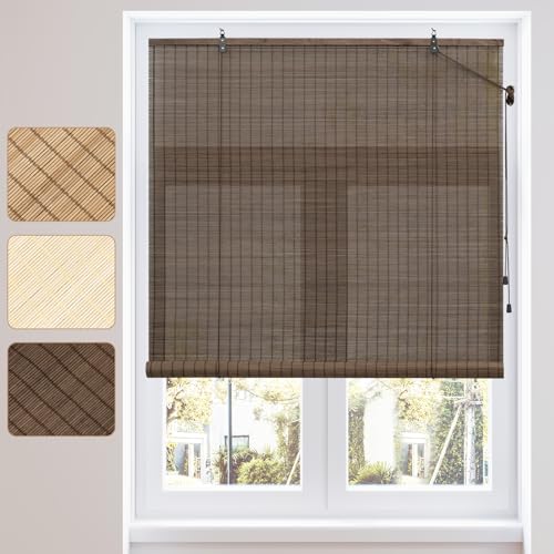 WOLTU Estores de Bambú, Persianas Enrollables para Exterior e Interior, Cortina de Bambú Natural, Estor Transpirable de Puertas o Ventanas, Protección Solar y Privacidad, Marrón Oscuro, 70x160 cm