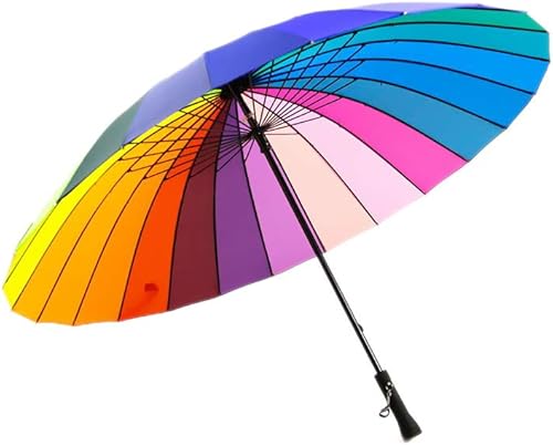 Paraguas resistente al viento, 24k Rib paraguas grande robusto arco iris, moda mango largo recto anti-UV sol/lluvia stick paraguas