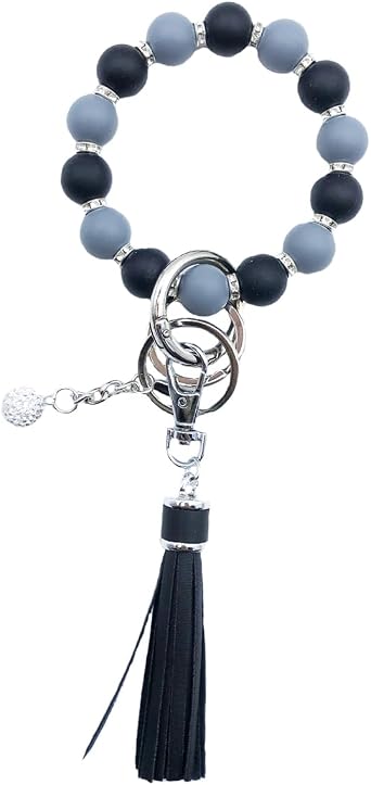Unpafcxddyig Wristlet Bracelet Keychain Silicone Beads with Leather Tassel Rhinestone Key Rings Silver for Women