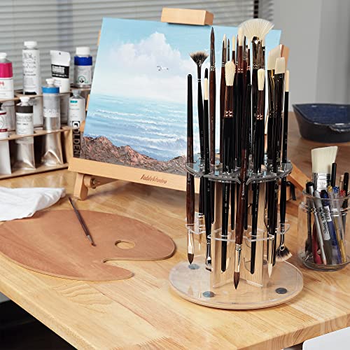 Image of HG Art Concepts Mezzo Dual Artist Brush Holder and Drying Rack, 3 Pack - Rotating Wood Grain Laminate Multi Layer Desk Stand - Professional Storage Display Organizer for Paintbrushes