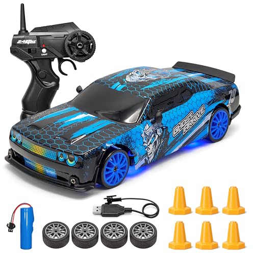 Image of 2.4GHz Remote Control Glowing Drift Car Toy for Kids with LED Lights - 4WD 15Kmph RC Drifting Car with Extra Rubber Tires, Cones Barriers & Rechargeable Battery - Color and Design As Per Stock