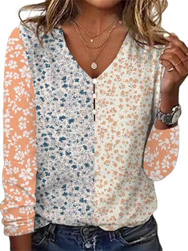 Women's Long Sleeve Boho Tops Dressy Casual V Neck Button Blouse Loose Fit Spring Fashion Summer Shirts