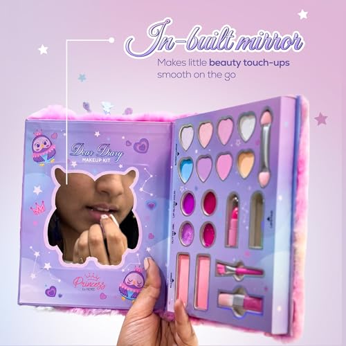 Image of Princess by RENEE Dear Diary Makeup Kit For Kids & Preteens | With 8 Eyeshadows, 2 Blushers, 2 Lipsticks, 2 Lip Gloss Solid, 2 Glitter Gels, 3 Brushes | Dermatologically Tested, Easy To Wash | 1 Unit